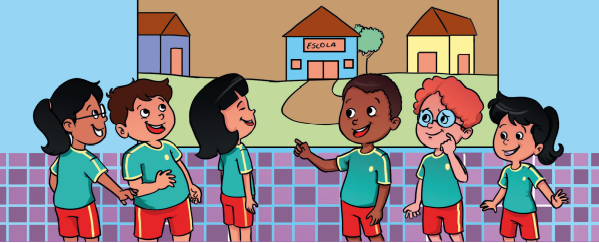 Imagem: Ilustração. Um grupo de seis alunos uniformizados conversam e sorriem. Ao fundo, casas e a fachada da ESCOLA.  Fim da imagem.