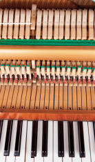 Imagem: Fotografia. Destaque das teclas e do interior de um piano, que apresenta um conjunto de peças finas e paralelas. Fim da imagem.