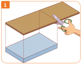 Imagem: Ilustração 1. Destaque da mão de uma pessoa que corta um pedaço de papel retangular em paralelo com uma tampa de uma caixa de sapatos.  Fim da imagem.