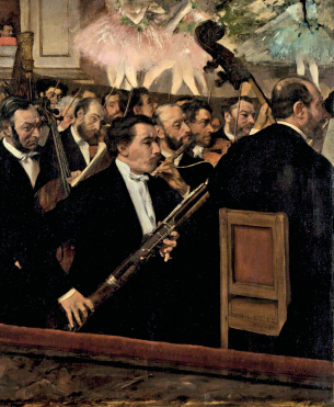 Imagem: Pintura. Destaque de instrumentistas tocando próximo a um palco onde há uma dança de balé. Todos usam paletó preto e estão concentrados. Alguns tocam flautas e outros violino. Fim da imagem.