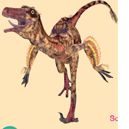 Imagem: Ilustração. Um dinossauro de pequeno porte com corpo longilíneo, cauda e patas longas e compridas. A boca está aberta e os olhos são pequenos.  Fim da imagem.