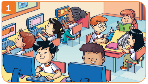 Imagem: Ilustração 1. Em uma sala, um grupo de crianças está sentado diante de computadores e outro está sentado à mesa lendo livros. Fim da imagem.