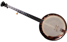 Imagem: Fotografia. Um banjo. Tem corpo redondo com cordas ao centro que acompanham o braço do instrumento. Fim da imagem.