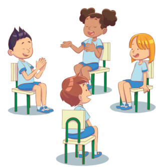 Imagem: Ilustração. Quatro crianças uniformizadas estão sentadas em cadeiras formando uma roda. Duas observam enquanto uma delas fala apontando para o colega à sua direita. Ele sorri com as mãos unidas à frente do corpo. Fim da imagem.
