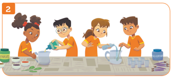 Imagem: Ilustração 2. Duas duplas de crianças uniformizadas manipulam os itens sobre a mesa. Um coloca a cola em um dos jarros e outra despeja a água no outro frasco. Fim da imagem.