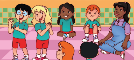 Imagem: Ilustração. Em uma sala, uma mulher adulta está sentada no chão ao lado de outras seis crianças uniformizadas, quatro estão sentadas divididas em duplas e duas estão de pé batendo palmas. Todos sorriem. Fim da imagem.