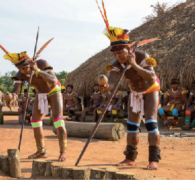 Imagem: Fotografia. Em uma local aberto, com solo de terra, dois homens indígenas que usam cocar, adereços nos braços e pernas, cintura coberta com uma amarração de tecido e o corpo pintado estão com o corpo voltado para frente enquanto seguram uma lança comprida apoiada no chão com uma mão e um chocalho com a outra. Próximo ao local onde estão apoiadas as lanças, há tocos de madeira. Ao fundo, outros homens vestidos de modo semelhante estão sentados e observam. Atrás deles há uma moradia de palha. Fim da imagem.