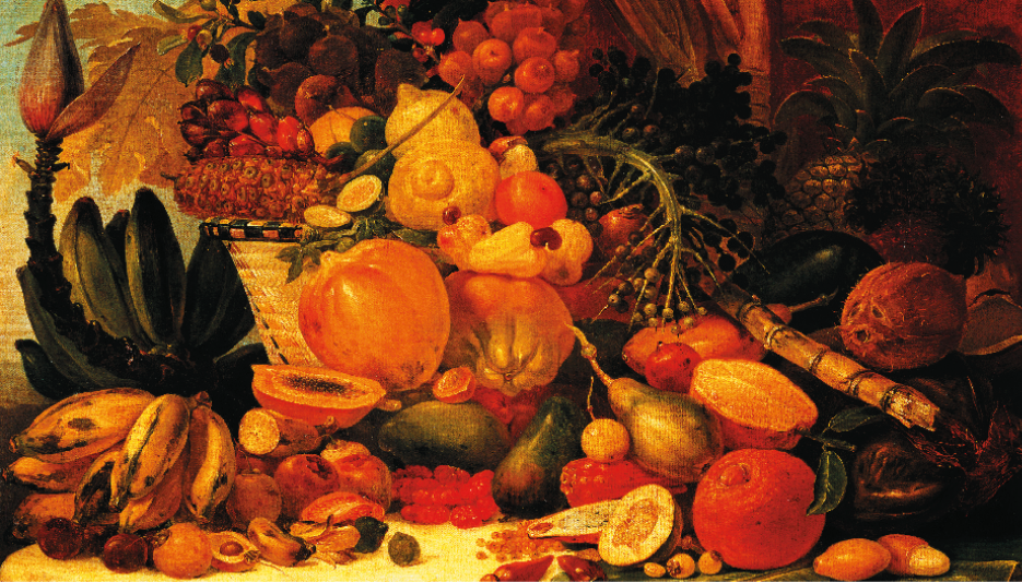 Imagem: Pintura referente às páginas 32 e 33. Em cores quentes, destaque para uma mesa sobre a qual há um cesto cheio de frutas e algumas também estão dispostas ao redor do objeto. Entre as frutas há abacaxi, uvas, bananas diversas, cajus, mamão cortado ao meio, pitangas, abacates, coco e laranja. Fim da imagem.