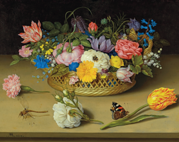 Imagem: Pintura. Sobre uma bancada um cesto com flores diversas nas cores amarela, roxa, azul, rosa, branca e vermelha. Algumas estão próximas do cesto e de insetos, como libélula e borboletas.  Fim da imagem.
