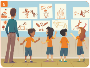 Imagem: Ilustração 6. Um homem adulto e as quatro crianças observam de pé muitos desenhos expostos fixados em uma parede.  Entre os desenhos há um castelo, barco e animais. Fim da imagem.