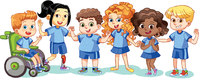 Imagem: Ilustração. Seis crianças, uma ao lado da outra, vestidas com uniforme escolar composto por camiseta azul-claro, bermudas e duas meninas com saia curta. Da esquerda para à direita : um menino ruivo, de olhos verdes sentado sobre cadeiras de rodas e sapatos azuis; uma menina de pele clara com cabelos pretos presos no alto e a perna direita com parte em vermelho e sapatos rosas. Ao lado, um menino de pele clara com cabelos encaracolados castanhos com olhos verdes; uma menina de cabelos longos coloridos com olhos verdes e sapatos amarelos; uma menina negra de cabelos curtos castanhos e sapatos rosas e na ponta da direita, menino loiro de olhos castanhos e sapatos vermelhos. Eles estão olhando para frente, sorrindo, acenando com as mãos, exceto a menina negra que está com as mãos dadas perto do ombro direito. Fim da imagem.