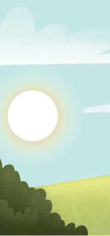 Imagem: Ilustração. Da esquerda para à direita : DE MANHÃ : Local com grama verde, arbusto e ao fundo, céu em azul-claro com nuvens brancas, e à esquerda sol redondo amarelo.   Fim da imagem.