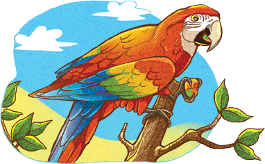 Imagem: Ilustração. Pousada sobre um tronco marrom com galhos finos e folhas verdes, uma arara de pelos vermelhos sobre o dorso e nas asas e calda, em amarelo e azul, bico branco. Ao fundo, céu diurno em azul-claro e nuvens brancas. Fim da imagem.