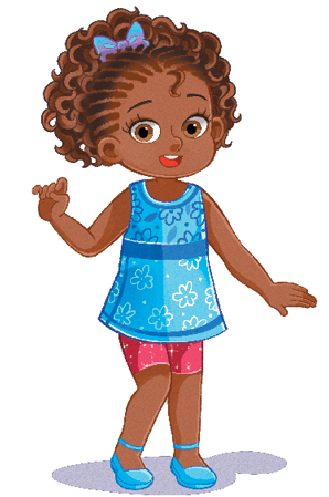Imagem: Ilustração. Uma menina de pele negra, de cabelos castanhos presos no alto, com laço, com blusa sem mangas e sapatos em azul-claro, bermuda de cor vermelha. Ela está com o braço esquerdo um pouco para cima e o braço direita, para frente.  Fim da imagem.