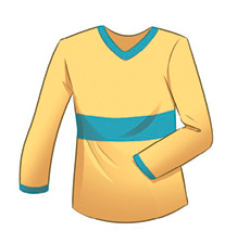 Imagem: Ilustração. Uma blusa de mangas compridas de cor amarela e detalhes em azul. Fim da imagem.