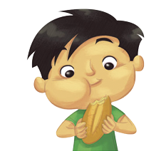Imagem: Ilustração. Um menino visto da cintura para cima, de pele morena-claro, cabelos pretos para à esquerda, com camiseta verde de mangas curtas, com a boca cheia, segurando um pão de cor bege nas mãos.  Fim da imagem.