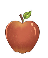 Imagem: Uma maçã de cor vermelha, com pequena folha verde na parte superior.  Fim da imagem.