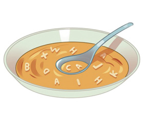 Imagem: Um prato de cor cinza, com sopa de cor laranja e letras do alfabeto dentro bege, com uma pequena colher cinza.  Fim da imagem.