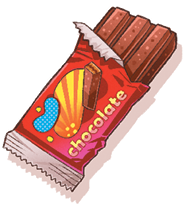 Imagem: Um tablete de chocolate de cor marrom, com embalagem de cor vermelha, parte em amarelo e azul. Fim da imagem.