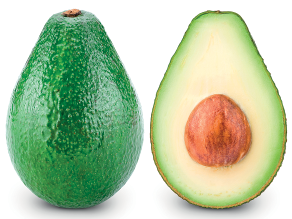 Imagem: Fotografia. Um abacate inteiro, à esquerda na vertical de cor verde-escuro e à direita, abacate na vertical em vista frontal, e na parte inferior em marrom arredondado.  Fim da imagem.