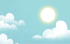 Imagem: Ilustração. Céu diurno cor azul-claro, com nuvens brancas com um sol redondo ao centro.  Fim da imagem.