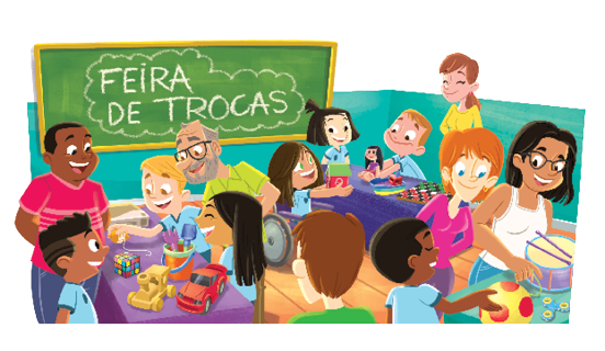 Imagem: Ilustração. Vista do alto de uma sala de aula com muitas pessoas, crianças e adultos de frente para mesas com exposições. Ao fundo, sobre parede, lousa de cor verde escrito com giz branco dentro de uma nuvem : FEIRA DE TROCAS. À esquerda, uma mesa com brinquedos expostos. Atrás dela, um homem negro de cabelos pretos, com camiseta rosa-escuro e calça azul e um menino moreno de cabelos pretos com camiseta em azul-claro. De frente da mesa, um menino loiro e uma menina morena, um senhor de cabelos e barba grisalhos com par de óculos pretos. Ao centro, crianças e à direita, uma menina cadeirante de pele clara, cabelos castanhos, segurando uma casinha nas mãos para frente. Perto da mesa, uma menina de pele clara com cabelos curtos pretos, um menino ruivo e uma mulher de pele clara, cabelos castanhos, com blusa de mangas compridas amarela. Na mesa, outros brinquedos.  Fim da imagem.