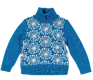Imagem: Fotografia. Blusa de mangas compridas em azul com estampas na parte central e gola alta; Fim da imagem.