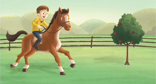 Imagem: Q3- Um garoto sobre um cavalo marrom, vestido com blusa de mangas compridas em amarelo, calça azul e botas cinzas. À direita, árvore pequena com frutas vermelhas e folhas verdes. Fim da imagem.