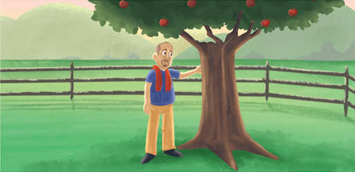 Imagem: Q4 – Um homem de cabelos grisalhos, com camiseta de cor azul, um lenço vermelho, calça bege e sapatos pretos. Ele está com a mão direita sobre árvore grande com tronco marrom, folhas verdes com maçãs vermelhas. Fim da imagem.