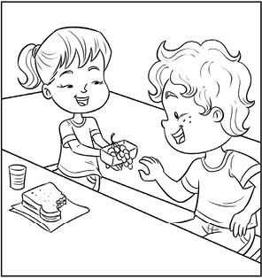 Imagem: Ilustração em preto e branco. À esquerda, uma mesa com um sanduíche mordido e um copo. De frente para ela, uma menina e um menino sentados. À esquerda, uma menina de cabelos curtos amarrados com franja, estendendo um pote com um cacho de uva dentro. À frente dela, à direita, um menino com o braço esquerdo esticado para cacho de uva. Ambos estão vestidos com camiseta e calça.  Fim da imagem.