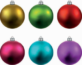 Imagem: Fotografia. Seis bolas de Natal coloridas. Três na parte superior nas seguintes cores : amarelo, verde e vermelho. Na parte inferior em : rosa, azul-claro e lilás.  Fim da imagem.