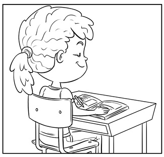 Imagem: Ilustração em preto e branco. Uma menina vista de costas, sentada em cadeira de frente para carteira escolar. Ela tem cabelos curtos pretos no alto, encaracolados, usando camiseta e calça. Sobre a carteira escolar, um livro o qual ela folheia.  Fim da imagem.
