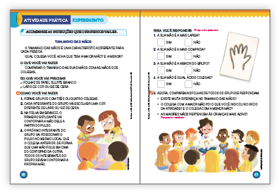 Imagem: Ilustração. Exemplifica como será a seção Atividade prática. Página dupla composta por textos e imagens. Fim da imagem.