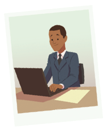 Imagem: Ilustração. Um homem negro, cabelos castanhos, usando camisa em branco, gravata cinza e terno em azul. Ele está sentado de frente para mesa, com um notebook aberto preto e à direita, folha branca.  Fim da imagem.