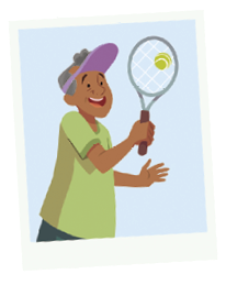 Imagem: Ilustração. Um homem com cabelos grisalhos, de pele negra, com camiseta de cor verde, boné lilás na cabeça, segurando na mão esquerda uma raquete.  Fim da imagem.