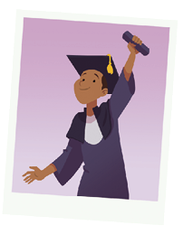 Imagem: Ilustração. Um homem de pele negra, com cabelos castanhos, usando roupa de beca de cor cinza, com chapéu e segurando diploma na mão direita para o alto.  Fim da imagem.