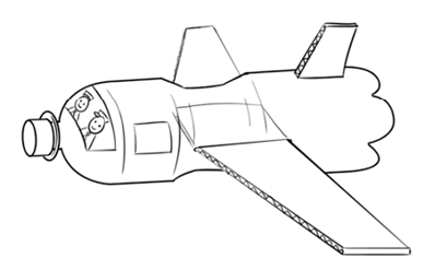 Imagem: Um avião feito com uma garrafa pet com a ponta para à esquerda e asas improvisadas. Fim da imagem.