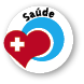 Imagem: Ícone: Saúde, composto pela ilustração de um coração vermelho com uma cruz branca dentro. À direita, um arco azul. Fim da imagem.