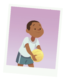 Imagem: Ilustração. Um garoto de pele negra, cabelos castanhos, com camiseta branca, com bermuda em cinza, segurando nas mãos uma bola em amarelo-claro.  Fim da imagem.