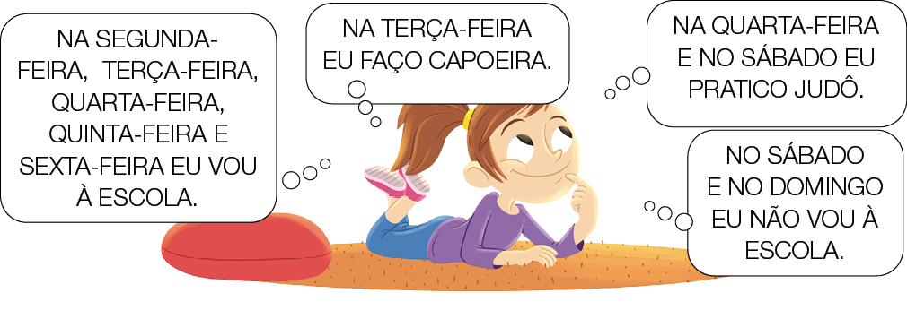 Imagem: Ilustração. Uma menina de pele clara, cabelos castanhos presos para trás, com blusa de mangas compridas em roxo, calça azul e sapatos em vermelho e branco. Ela está deitada com a barriga para baixo, com o dedo indicador da mão direita perto da boca, olhando para à direita. À esquerda dela, um travesseiro de cor vermelha. Perto da cabeça da menina, quatro balões de pensamentos :  NA SEGUNDA-FEIRA, TERÇA-FEIRA, QUARTA-FEIRA, QUINTA-FEIRA E SEXTA-FEIRA EU VOU À ESCOLA. NA TERÇA-FEIRA EU FAÇO CAPOEIRA. NA QUARTA-FEIRA E NO SÁBADO EU PRATICO JUDÔ. NO SÁBADO E NO DOMINGO EU NÃO VOU À ESCOLA.  Fim da imagem.