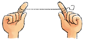 Imagem: Ilustração. Mãos de uma pessoa de pele clara, com os dois dedos indicadores na vertical e fio dental enrolados neles e parte reta na horizontal entre eles.  Fim da imagem.