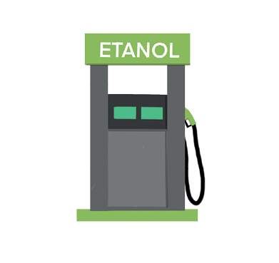 Imagem: Ilustração. Uma estação de combustível, Etanol, de cor cinza-escuro, com parte superior em verde e à direita, uma mangueira de cor cinza.  Fim da imagem.