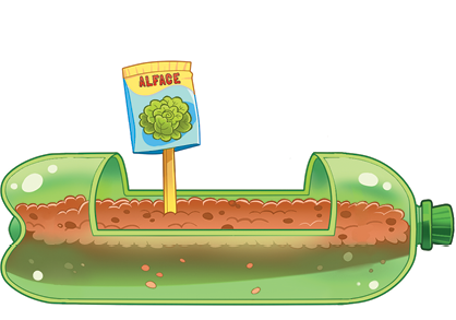 Imagem: Ilustração. Uma garrafa pet na horizontal de cor verde, com a tampa para à direita, com parte cortada ao centro, por onde vê-se terra. Sobre a terra, uma embalagem onde está escrito : Alface, com pé de alface em verde sobre palito amarelo.  Fim da imagem.