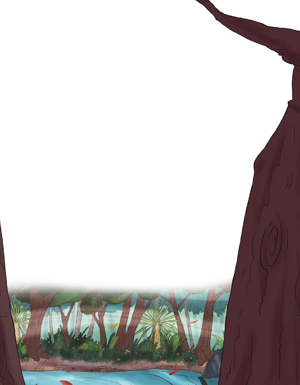 Ilustração. Local com rio à frente, de água de cor azul, com árvores atrás com troncos de cor marrom, vegetação rasteira de cor verde, flores com pétalas em laranja. À direita, vista parcial de um tronco grande de cor marrom, com um galho na ponta superior à esquerda. 