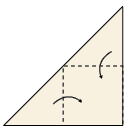 Imagem: Ilustração em preto e branco. Cinco passos de dobradura. Passo 1. Um quadrado com linhas finas. Ao centro, na diagonal, linha pontilhada para à direita. Passo 2. Papel dobrado com formato triangular, com a parte maior para à esquerda. Duas linhas pontilhadas na vertical e na horizontal. Passo 3. Quadrado menor com reta na diagonal à esquerda e nas pontas, outras duas retas na diagonal pontilhadas. Passo 4. Forma de um pentágono pequeno, com linha na diagonal à esquerda, com outras linhas, fazendo formato triangular acima e abaixo. Passo 5. Papel com o formato triangular na parte superior, para esquerda e à direita e na parte inferior, um triângulo grande invertido.  A mesma forma, com a parte inferior da ponta do triângulo para cima, formando base reta. A parte dobrada do triângulo com um mini triângulo visto de ponta-cabeça e à direita, forma finalizada com ilustração de dois olhos pretos na ponta superior.   Fim da imagem.