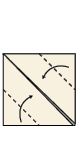 Imagem: Ilustração em preto e branco. Cinco passos de dobradura. Passo 1. Um quadrado com linhas finas. Ao centro, na diagonal, linha pontilhada para à direita. Passo 2. Papel dobrado com formato triangular, com a parte maior para à esquerda. Duas linhas pontilhadas na vertical e na horizontal. Passo 3. Quadrado menor com reta na diagonal à esquerda e nas pontas, outras duas retas na diagonal pontilhadas. Passo 4. Forma de um pentágono pequeno, com linha na diagonal à esquerda, com outras linhas, fazendo formato triangular acima e abaixo. Passo 5. Papel com o formato triangular na parte superior, para esquerda e à direita e na parte inferior, um triângulo grande invertido.  A mesma forma, com a parte inferior da ponta do triângulo para cima, formando base reta. A parte dobrada do triângulo com um mini triângulo visto de ponta-cabeça e à direita, forma finalizada com ilustração de dois olhos pretos na ponta superior.   Fim da imagem.