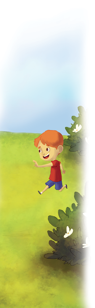 Imagem: Na parte inferior, local com grama de cor verde, vegetação rasteira e flores de pétalas brancas, à frente, uma menina ruiva de chuquinha, vestida com blusa de mangas curtas em branco, calça em laranja-claro, pulando, com corda nas mãos. Ao fundo, árvore com tronco de cor marrom e atrás, um menino de pele clara e cabelos loiros. À direita, um menino correndo para à esquerda, ruivo, com camiseta vermelha, bermuda azul e sapatos pretos, com o braço direito esticado para frente.  Fim da imagem.