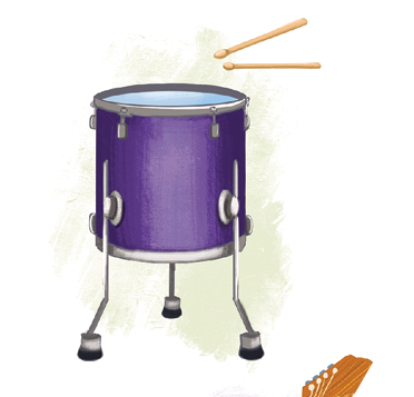 Imagem: Um Surdo, instrumento sobre pedestal de formato arredondado em azul-escuro, com parte superior em azul-claro, com duas baquetas em bege perto.  Fim da imagem.