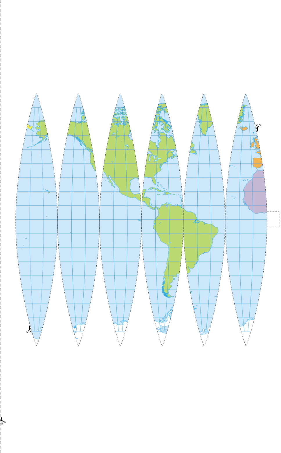 Imagem: Ilustração. Seis moldes na vertical, com pontas finas nas extremidades, com ilustração de partes dos oceanos e das Américas: norte, central e sul e no último molde; ponta esquerda da Europa e África. Na parte inferior, norte do polo sul. Cada molde tem linha pontilhada para recorte.  Fim da imagem.