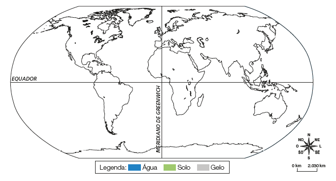 Imagem: Ilustração em preto e branco. Planisfério terrestre. Na parte inferior, a legenda: Azul – água. Verde – solo. Cinza – gelo.  Ao centro, linha na horizontal : Equador. Na parte superior, América do norte, central e norte da América do sul, oceanos e ao centro, na vertical, linha que indica : meridiano de GREENWICH. À direita, Europa, Ásia e norte da África, na parte inferior, sul da África e Oceania, abaixo da linha do equador. Rosa dos ventos com direções : N, NO, O, SO, S, SE, L, NE. Escala: 0 km – 2030 km Resposta: os oceanos estão pintados de azul. Antártica de cinza. E os continentes de verde.  Fim da imagem.